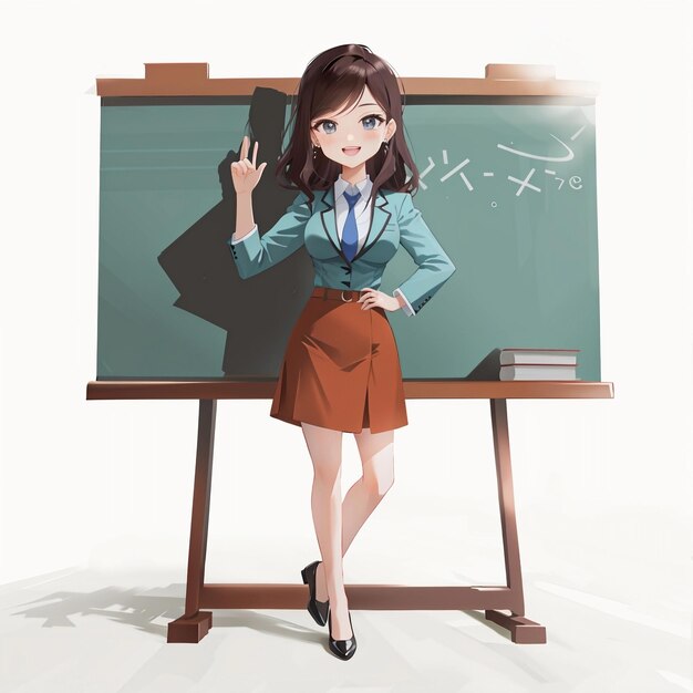 A businesswoman with blue blazer and brown skirt holding up a peace sign in front of a chalkboard