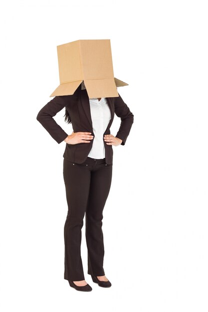 Businesswoman with box over head