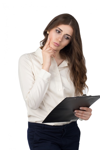 Businesswoman with clipboard isolated on white background