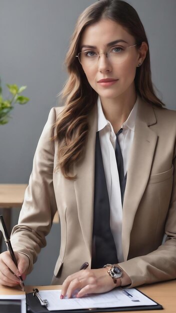 Businesswoman with clipboard and pen over white background