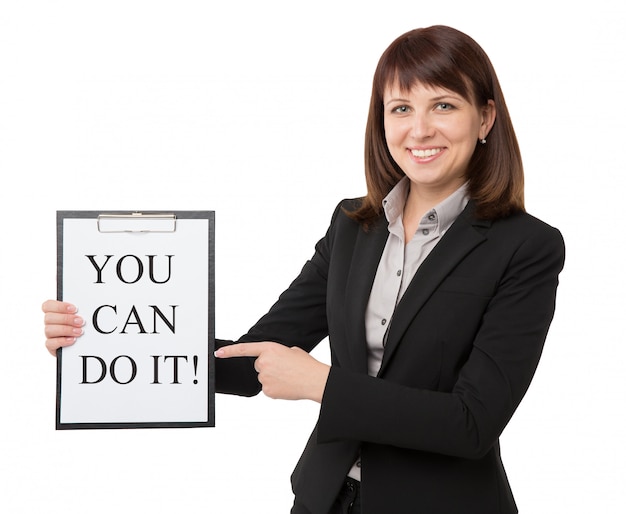 Businesswoman with clipboard with motivational quote