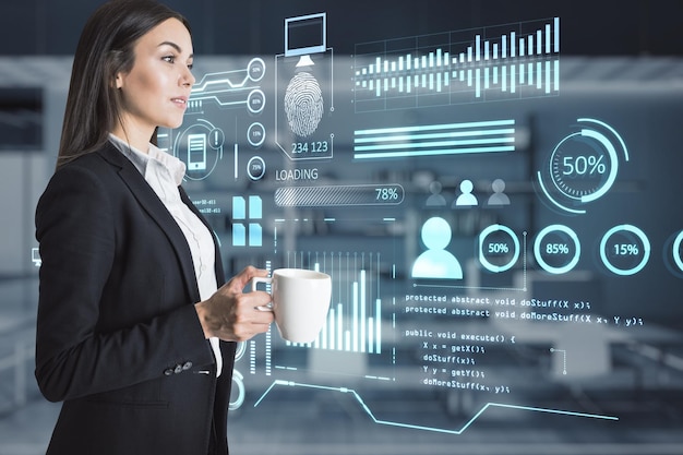 businesswoman with coffee cup and abstract glowing business chart interface hologram