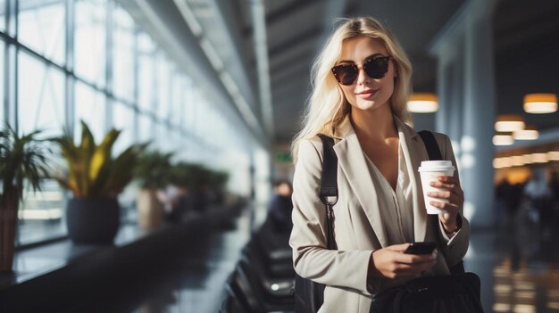 Photo businesswoman with coffee and suitcase talking on smart phone in airport