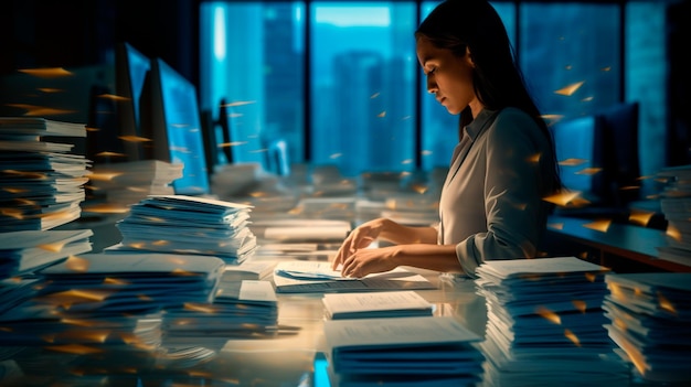 businesswoman with documents and papers in office