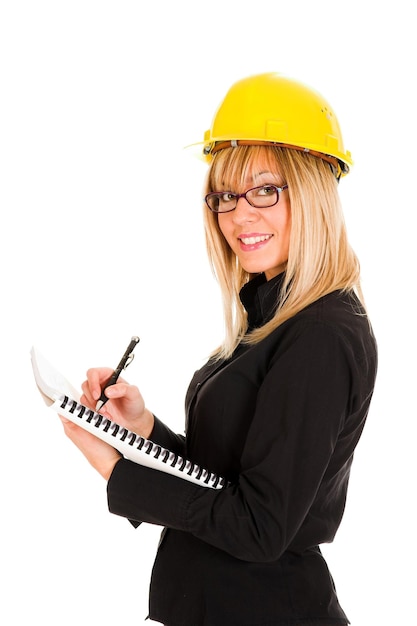 A businesswoman with documents and pencil