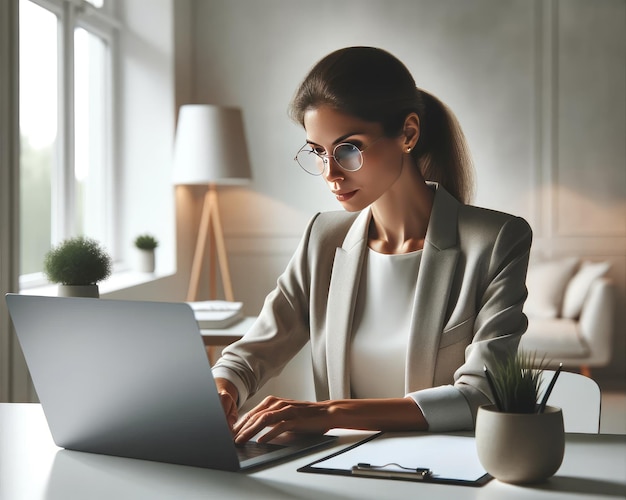 안경을 쓴 사업가 여성은 전문성과 집중력을 상징하는 현대적인 사무실 환경에서 노트북에서 일합니다.