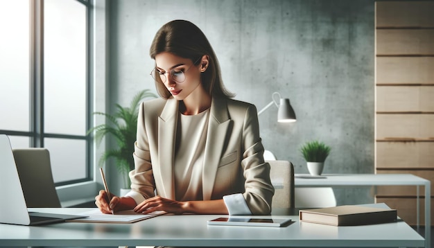 안경을 쓴 사업가 여성은 전문성과 집중력을 상징하는 현대적인 사무실 환경에서 노트북에서 일합니다.