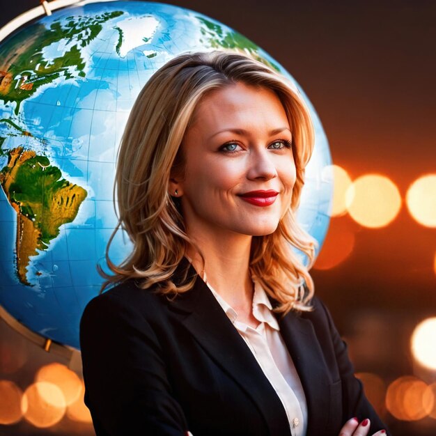 Photo businesswoman with globe of world international business and commerce