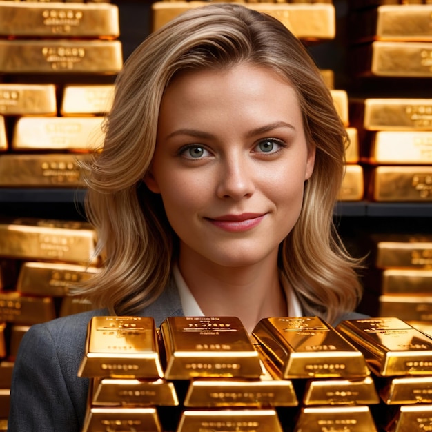 Foto donna d'affari con lingotti d'oro che mostra grande successo finanziario e ricchezza