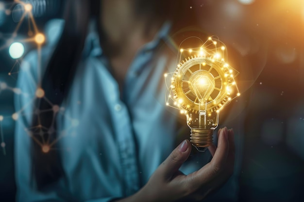 Businesswoman with innovative lightbulb promotes functional thinking principle