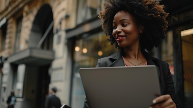 Photo businesswoman with laptop confidently striding on urban street