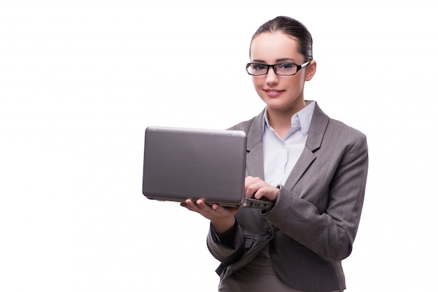 Businesswoman with laptop isolated on white