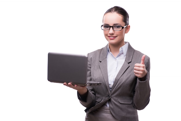 Businesswoman with laptop isolated on white