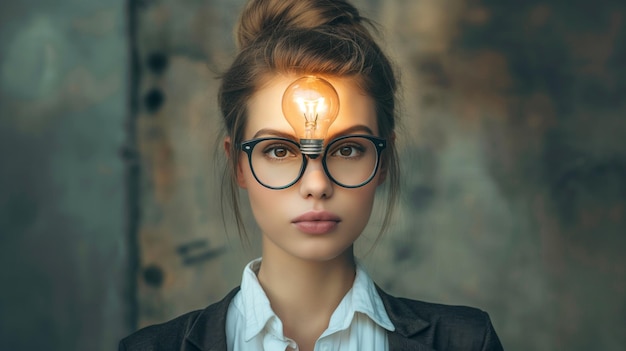 Photo businesswoman with light bulb head representing brilliant ideas innovation and creativity