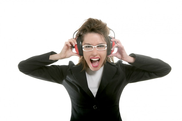 Businesswoman with noise safety headphones