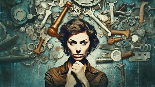 Businesswoman with a wrench in his hands Technical support and repair Art collage