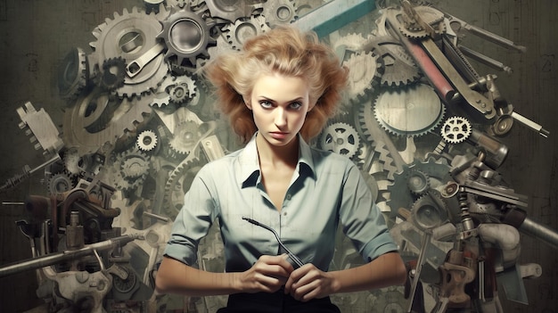 Businesswoman with a wrench in his hands Technical support and repair Art collage