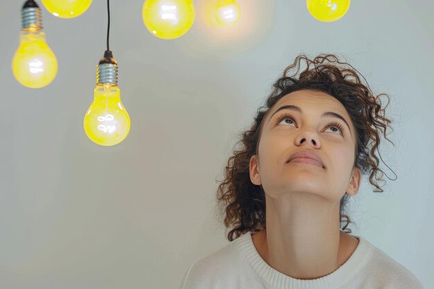 Businesswoman with yellow light bulbs symbolizing new ideas