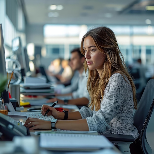 A businesswoman working at her desk in an office