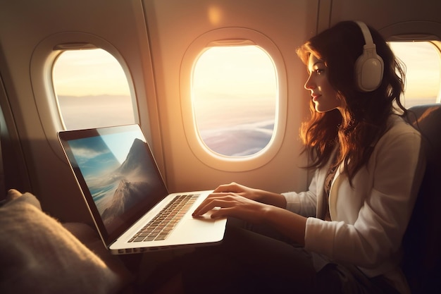 A businesswoman working on her laptop while flying on an airplane Generative Ai