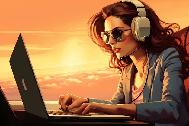 A businesswoman working on her laptop while flying on an airplane Generative Ai