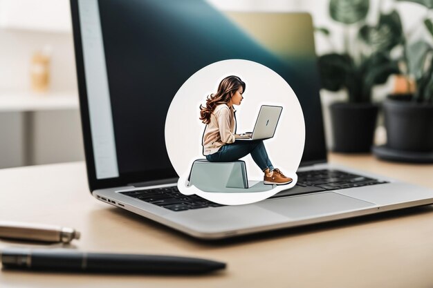 Photo businesswoman working on a laptop computer sitting at home and managing her business via home office