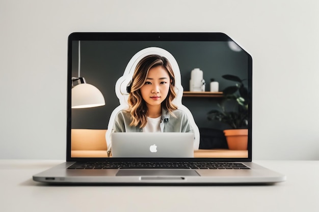 Photo businesswoman working on a laptop computer sitting at home and managing her business via home office