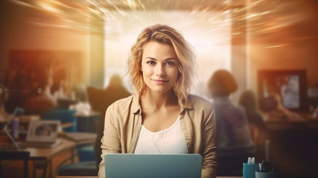Businesswoman working on laptop at her desk daylight image