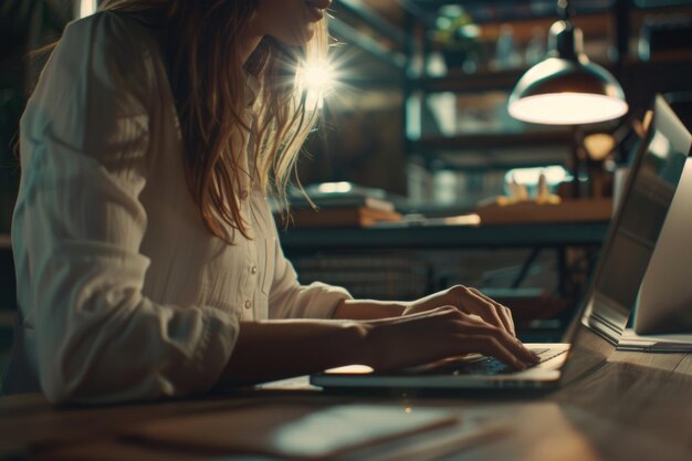 Бизнесменка работает на ноутбуке в современной офисной обстановке