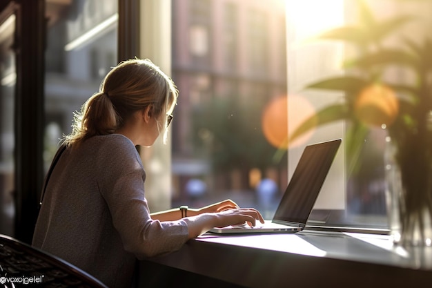 Деловая женщина, работающая на ноутбуке в солнечную погоду за окном с генеративным ИИ