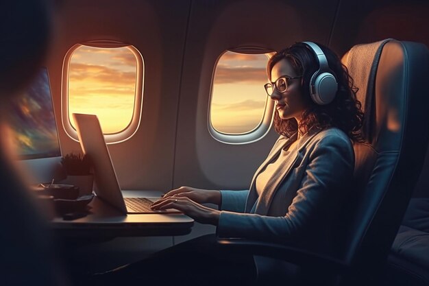 Деловая женщина, работающая на ноутбуке во время полета на самолете, сделанном с помощью технологии генеративного ИИ