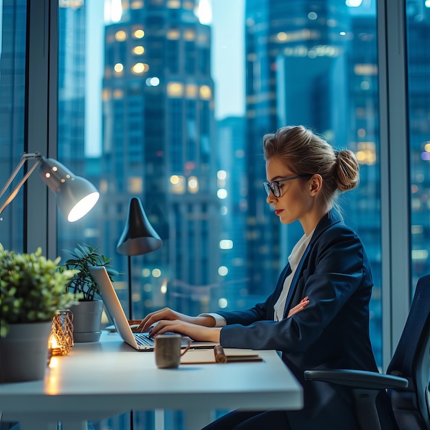 Businesswoman working late in office using laptop computer