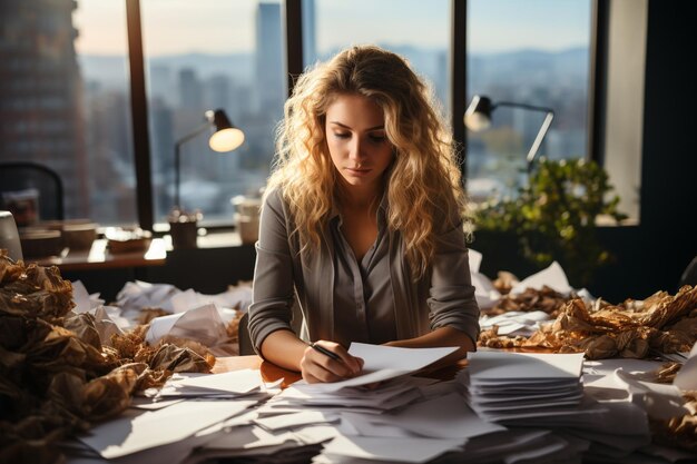 Photo businesswoman working at office with document on her desk ar c v