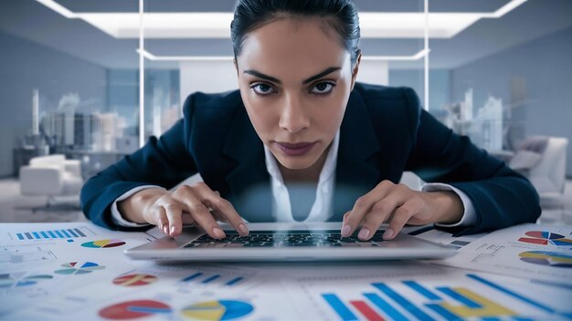 Businesswoman working with diagrams at office using laptop close up