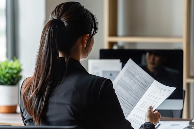 写真 オフィスデスクで文書を扱う女性 ビジネスとテクノロジーのコンセプト