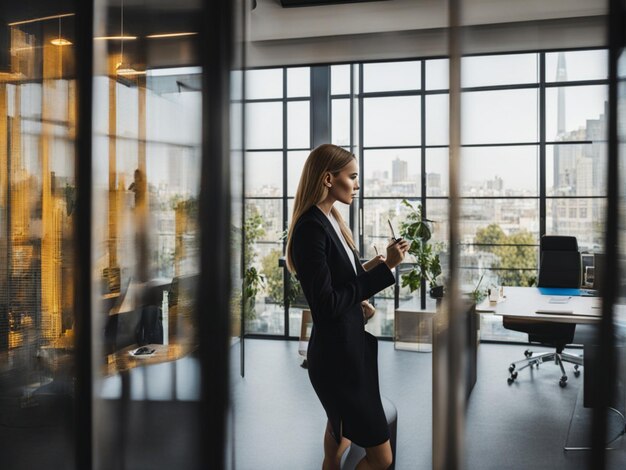 Businesswoman writing on window in creative office seen through glassBusinesswoman writing on window