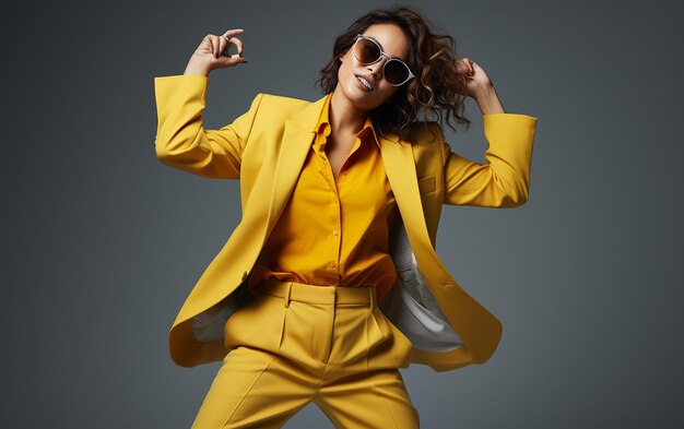 A Businesswoman in a Yellow Suit Exuding Urban Confidence on the white background