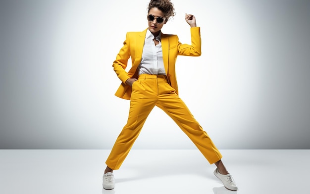 A Businesswoman in a Yellow Suit Exuding Urban Confidence on the white background