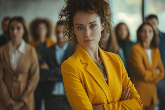 Photo businesswoman in yellow suit with group