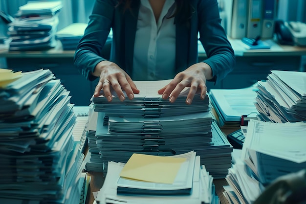A businesswomans hands sorting through stacks of paper files on a desk in an office Concept Office Organization Paperwork Management Busy Businesswoman Corporate Workspace