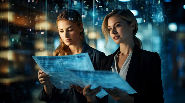 Photo businesswomen check electronic documents on digital documents on virtual screen