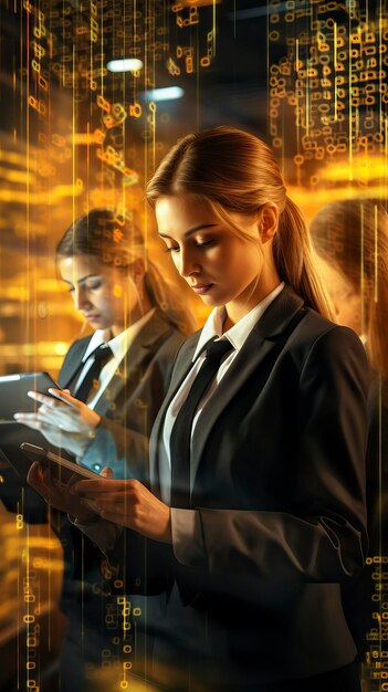 Photo businesswomen check electronic documents on digital documents on virtual screen