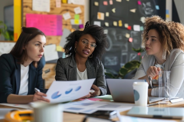 Businesswomen discussing paperwork in office meeting