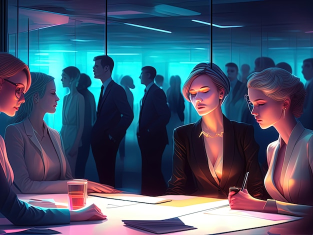 businesswomen in office at night