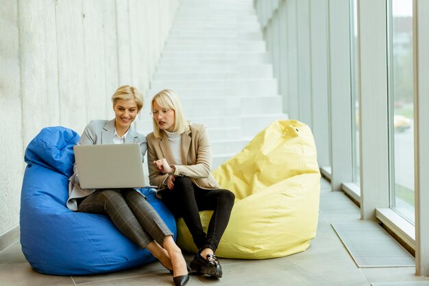 Businesswomen using laptop computer on lazy bags in the modern office