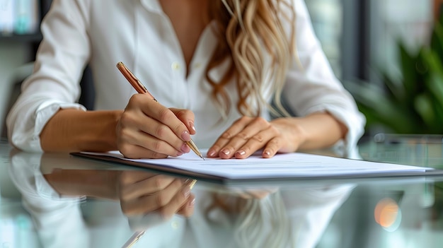 Foto imprenditrice che usa la penna per firmare e scrivere in ufficio