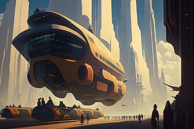 Busload of passengers traveling through futuristic city with towering skyscrapers in the background