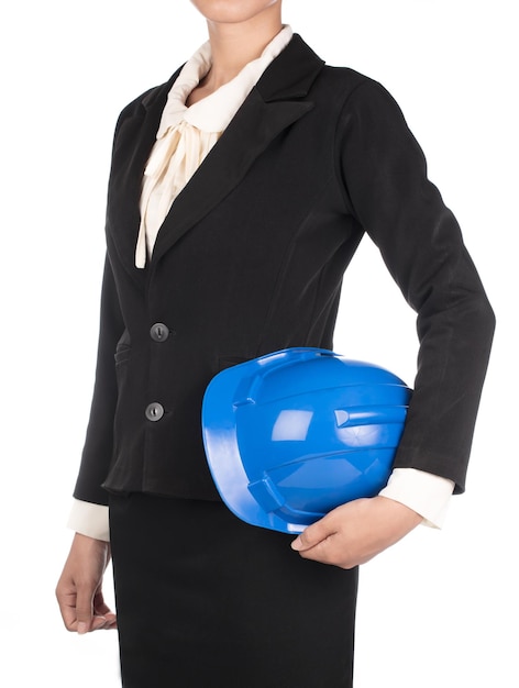 bussineaa womam holding safety helmet of construction isolated on white background