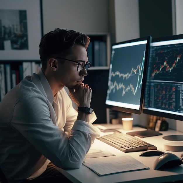 bussines man looking at monitor showing chart market share
