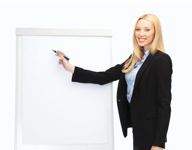 bussiness and education - businesswoman writing on flipchart in office